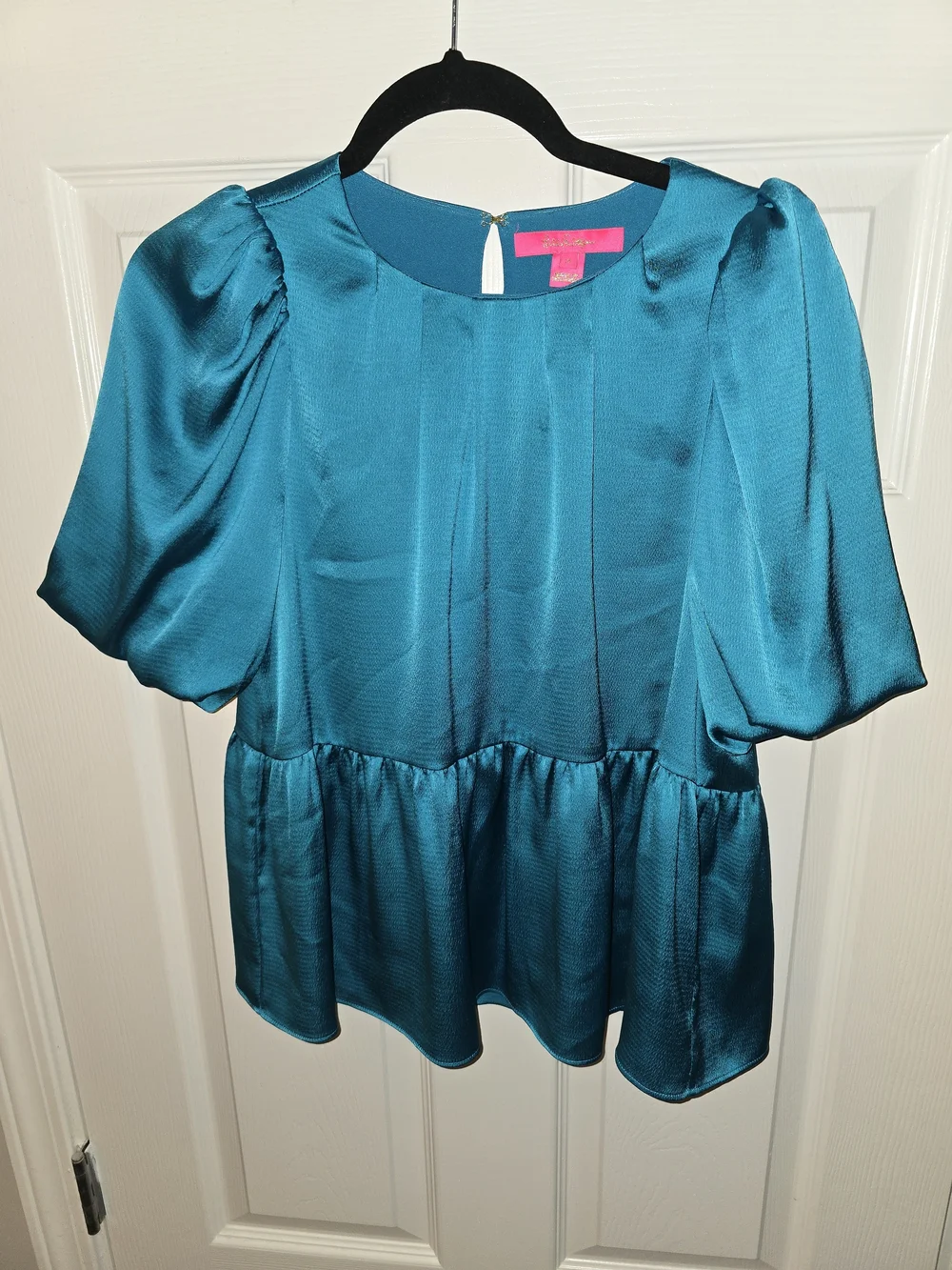 Lilly Pulitzer Women’s Teal Satin Peplum Blouse - Elegant Short Sleeve Size 2